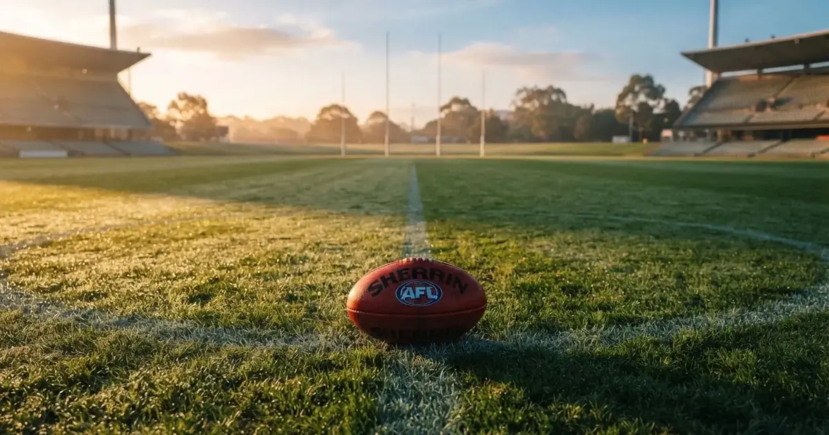 A ball on the centre spot of a grass pitch in morning light