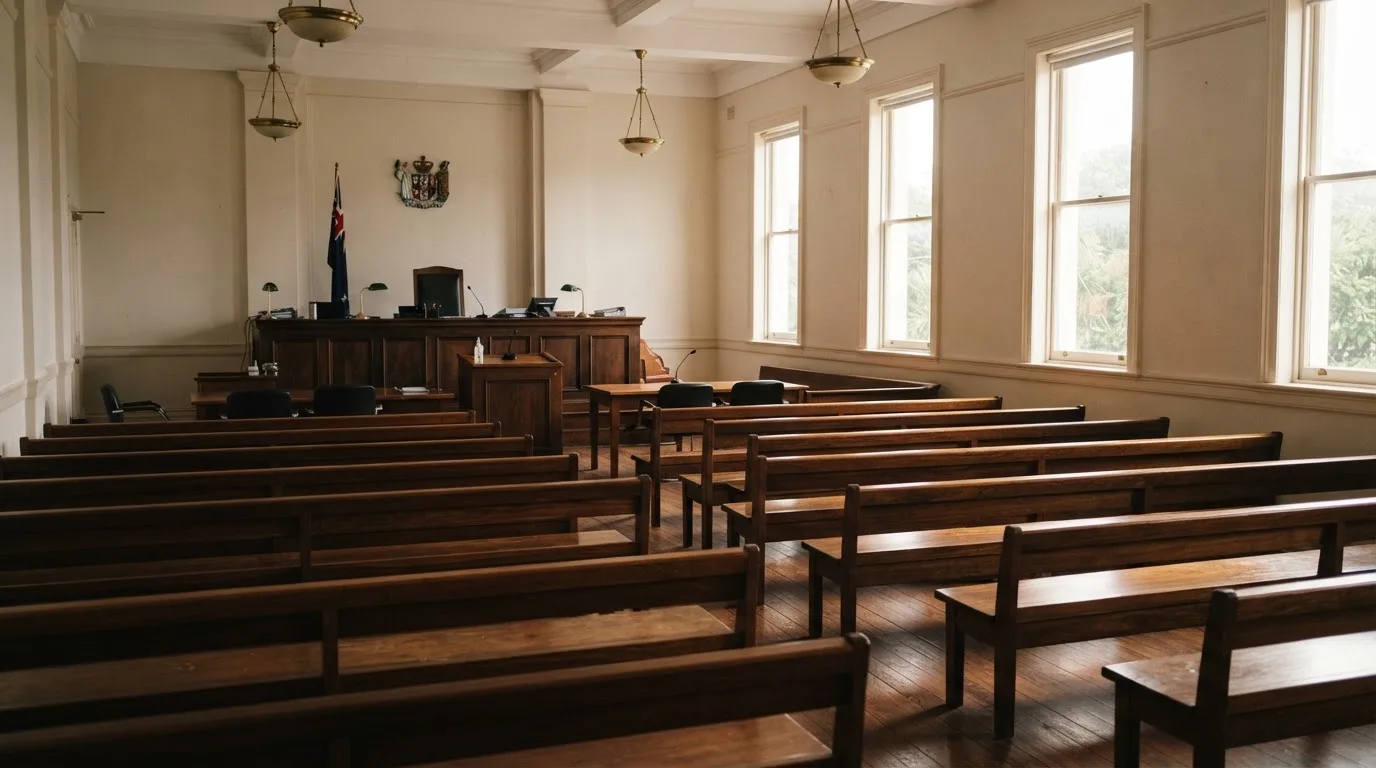 An empty courtroom with wooden benches in morning light