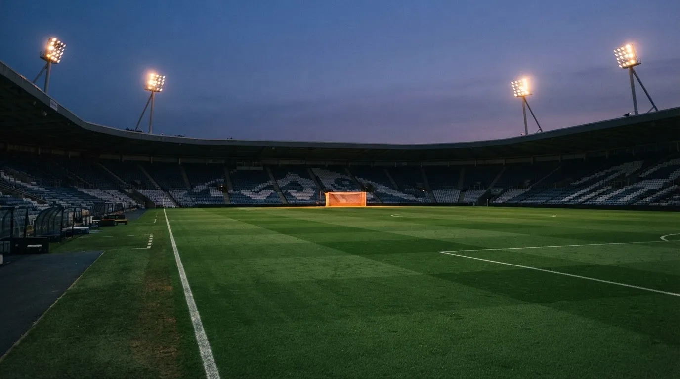 An empty football stadium with floodlight masts at dusk