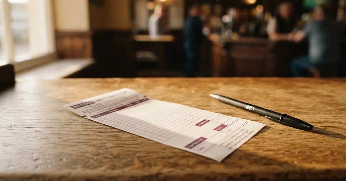 A blank paper betting slip beside a pen on a wooden counter