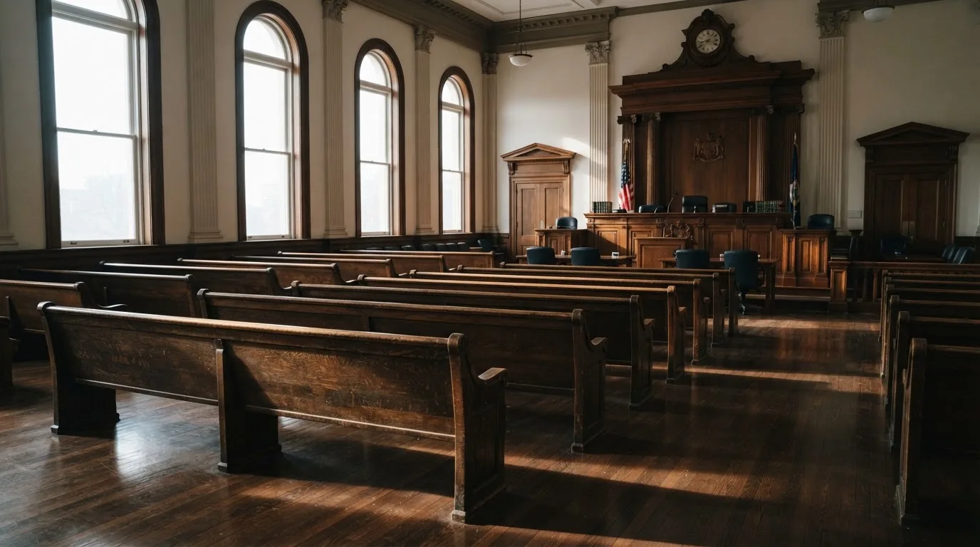 An empty courtroom with wooden benches in morning light