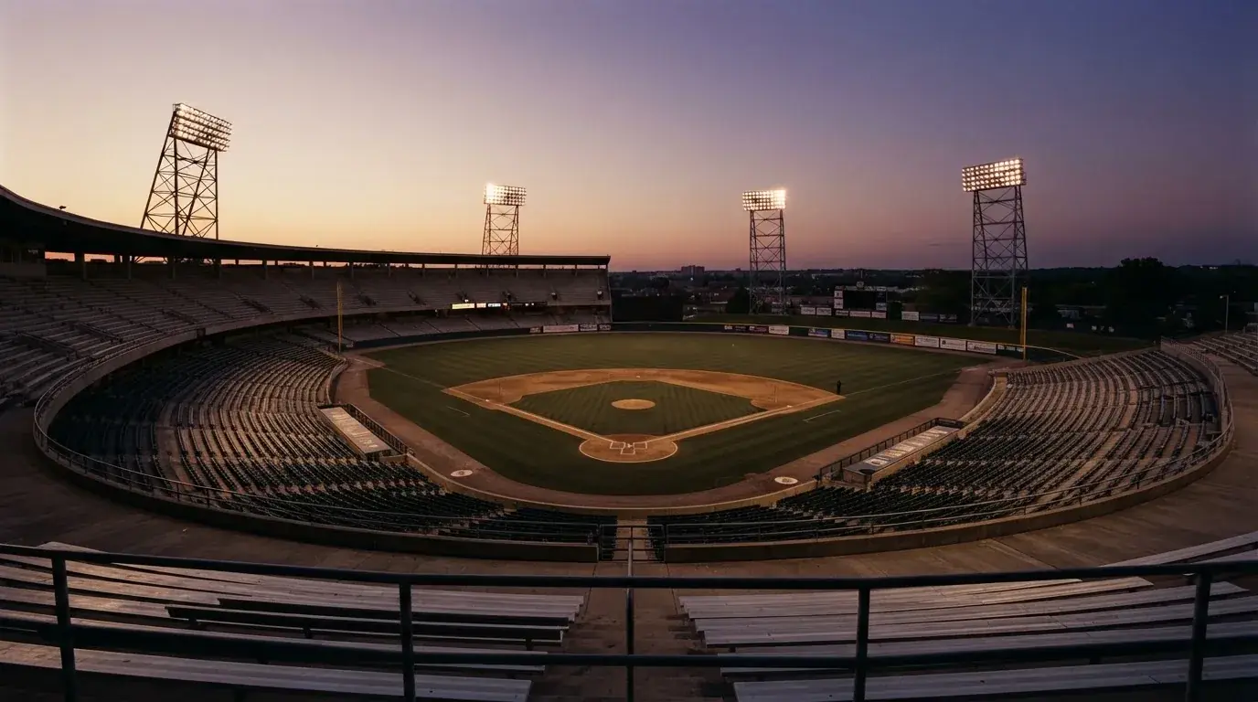An empty football stadium with floodlight masts at dusk