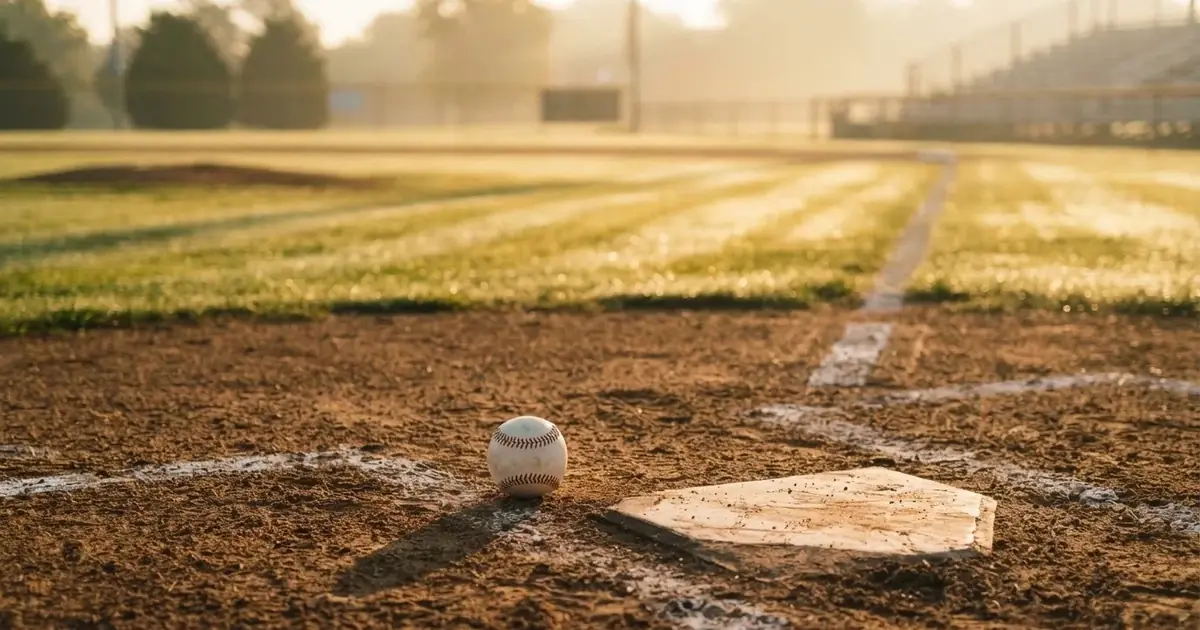 A ball on the centre spot of a grass pitch in morning light