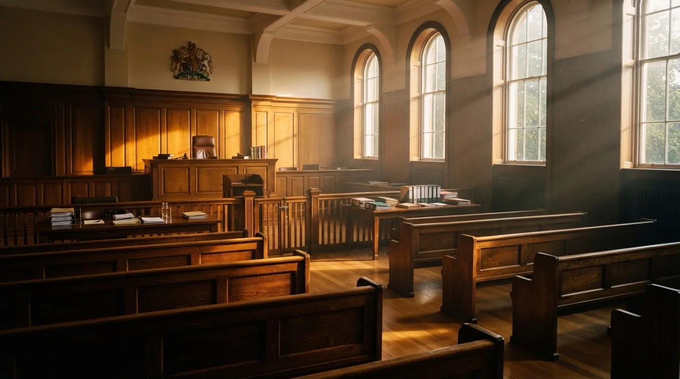 An empty courtroom with wooden benches in morning light