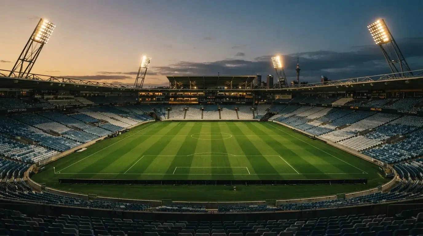 An empty football stadium with floodlight masts at dusk