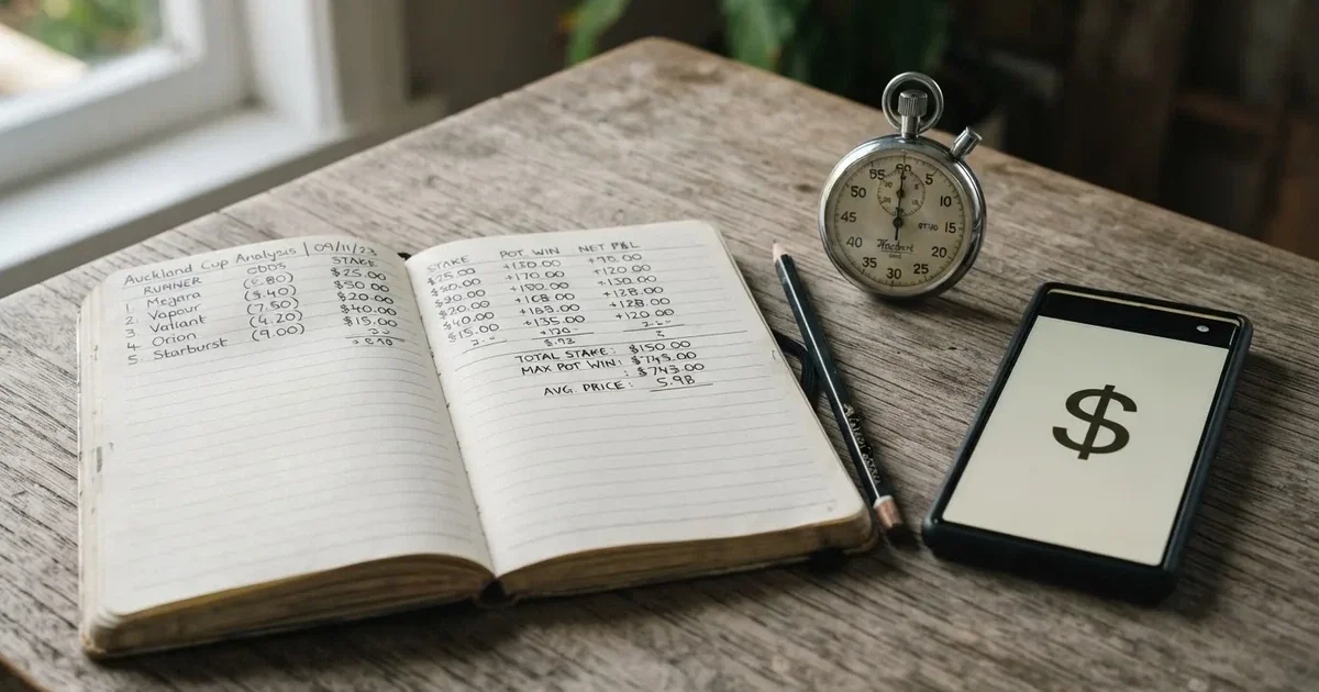 An open notebook with a pencil and a stopwatch on a wooden table