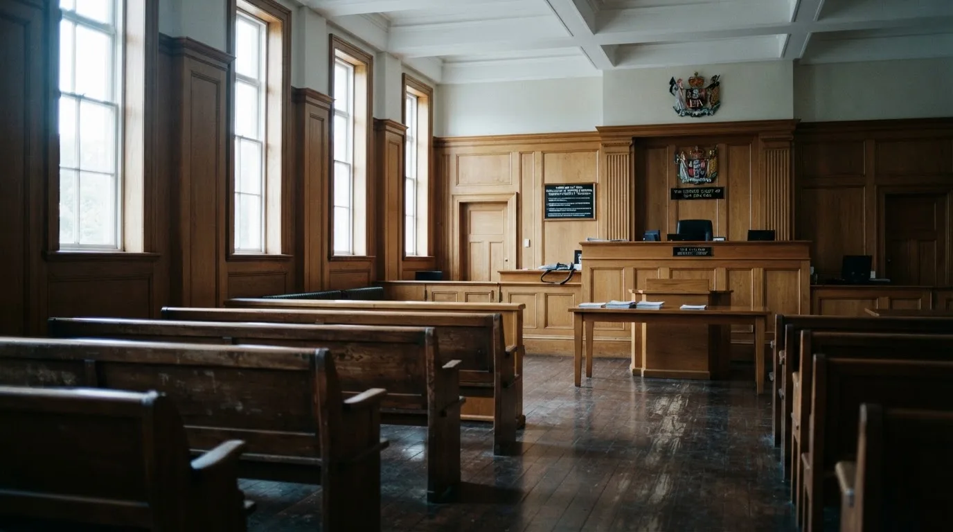 An empty courtroom with wooden benches in morning light