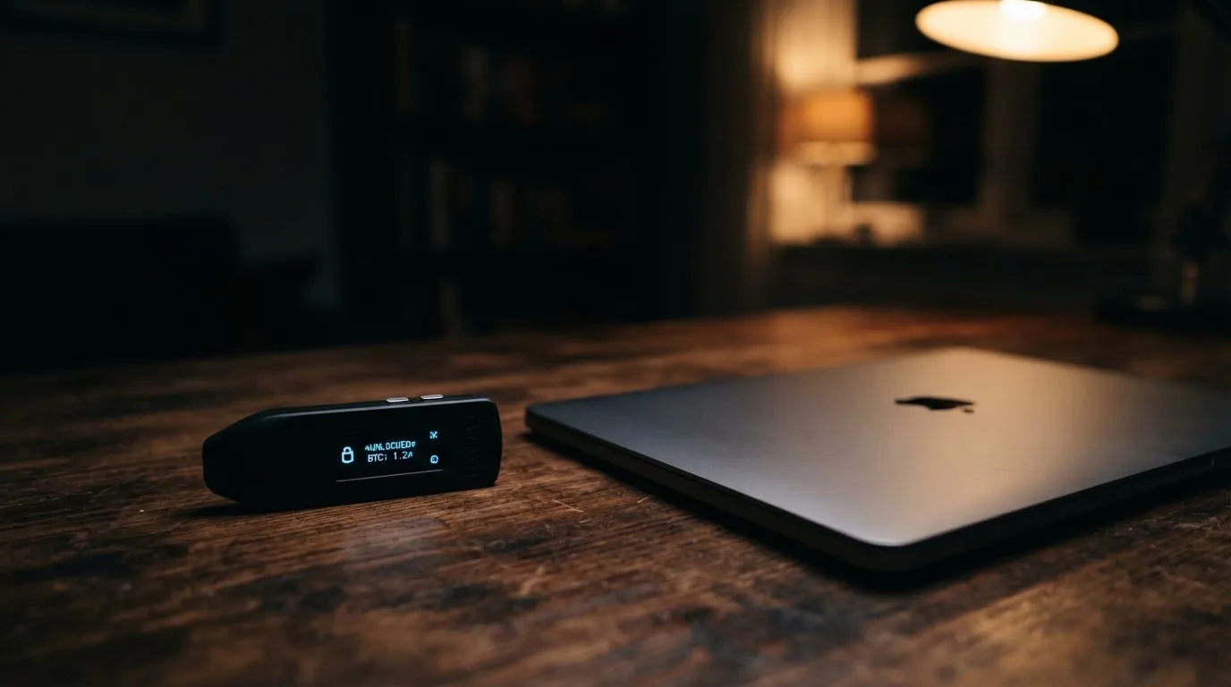 A hardware wallet and a closed laptop on a desk in dim light