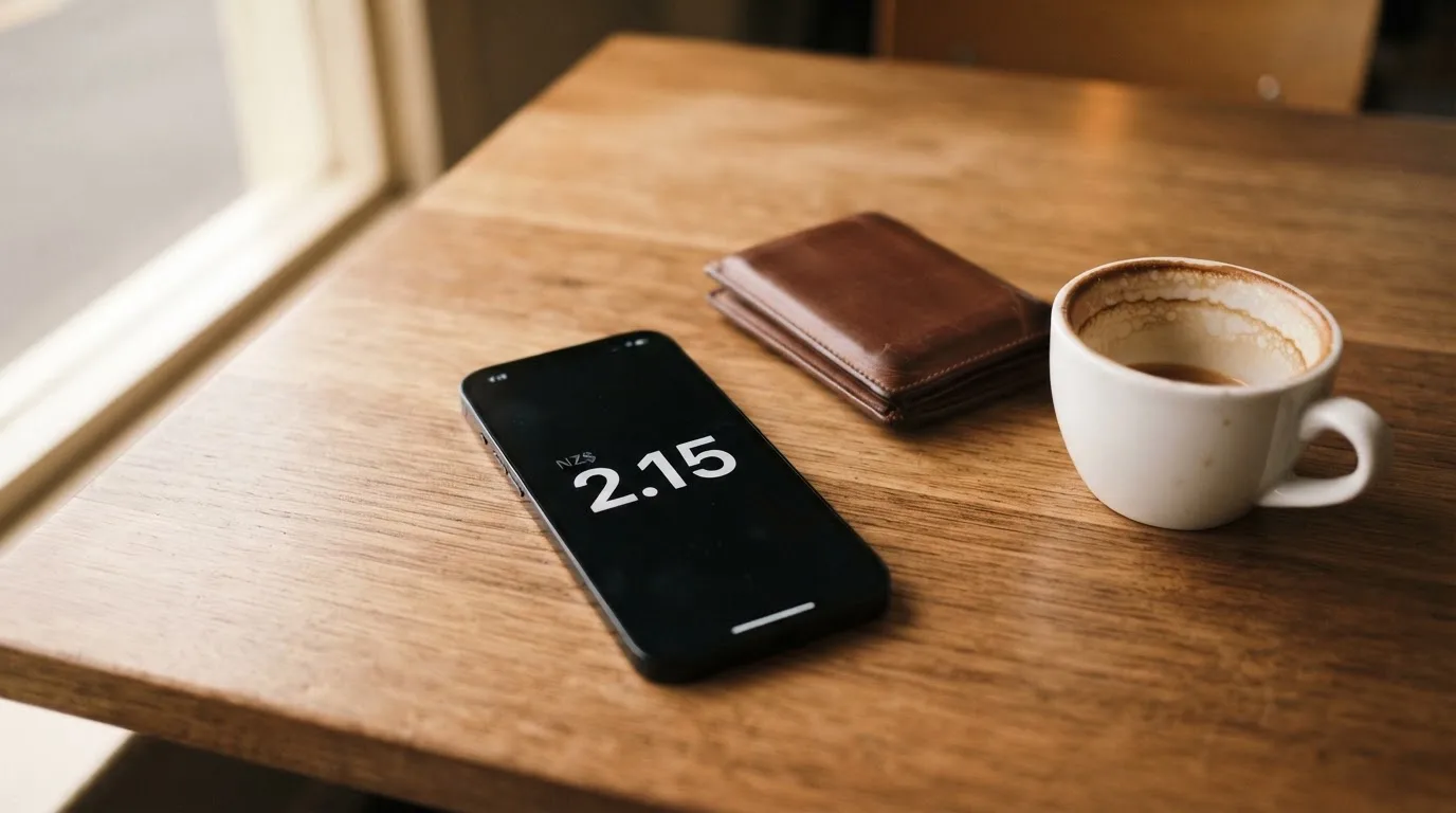 A smartphone on a wooden table beside a wallet and a coffee cup