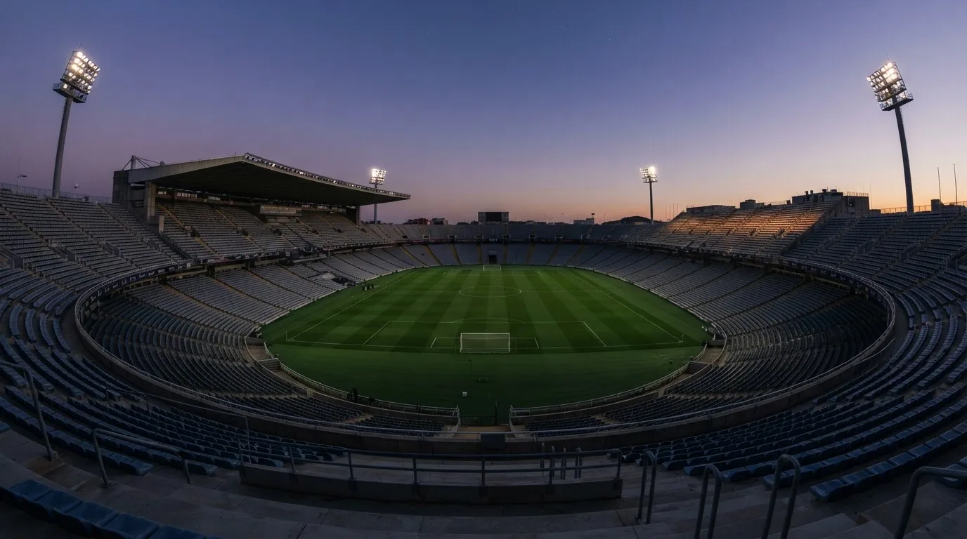 An empty football stadium with floodlight masts at dusk
