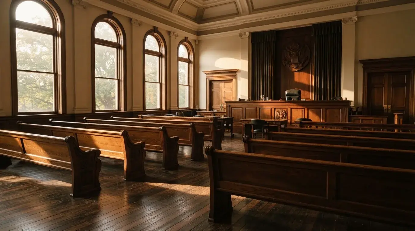 An empty courtroom with wooden benches in morning light