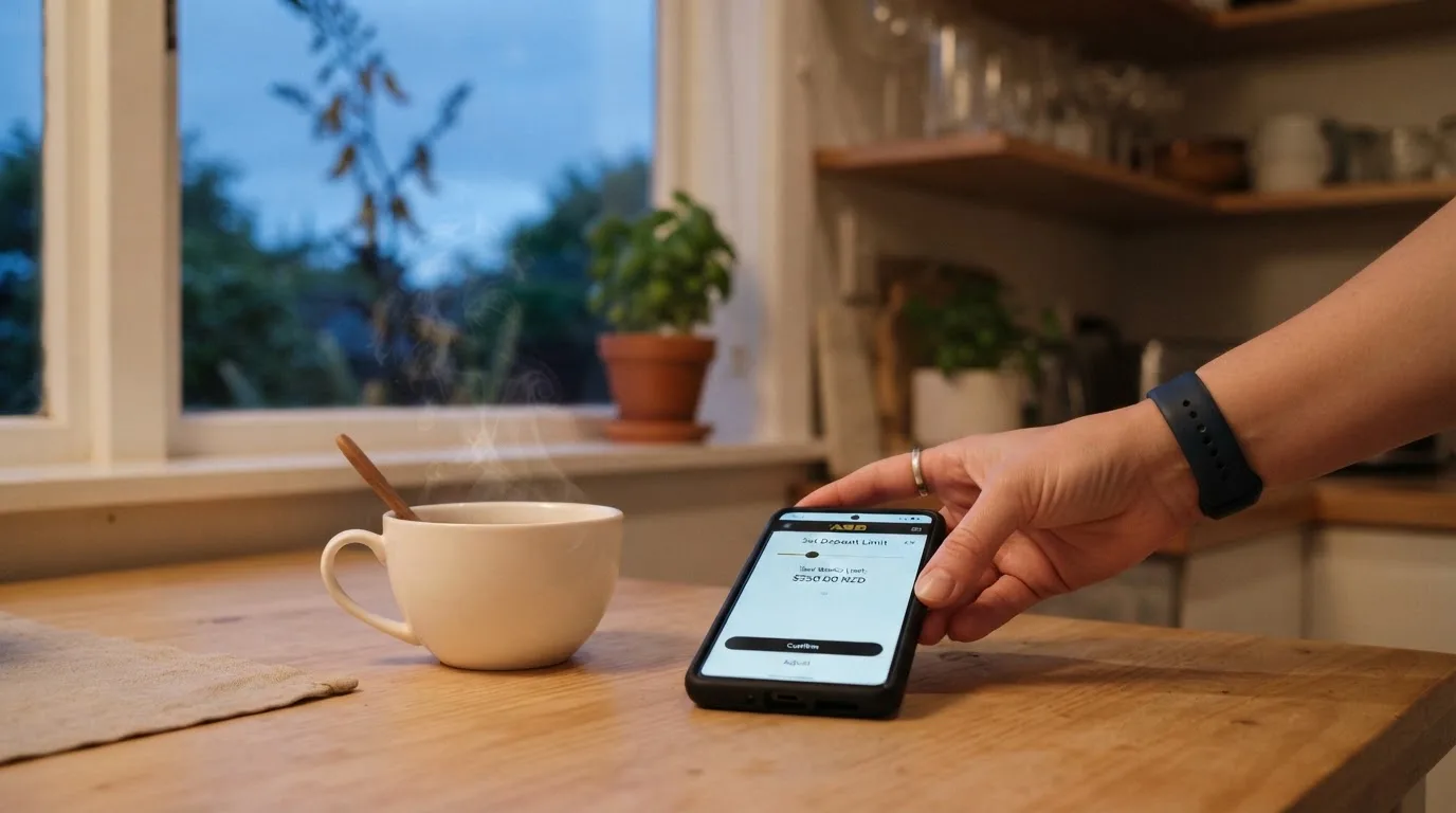 A hand setting a smartphone down beside a cup of tea on a kitchen table on a quiet evening