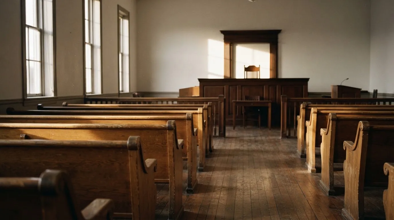 An empty courtroom with wooden benches in morning light