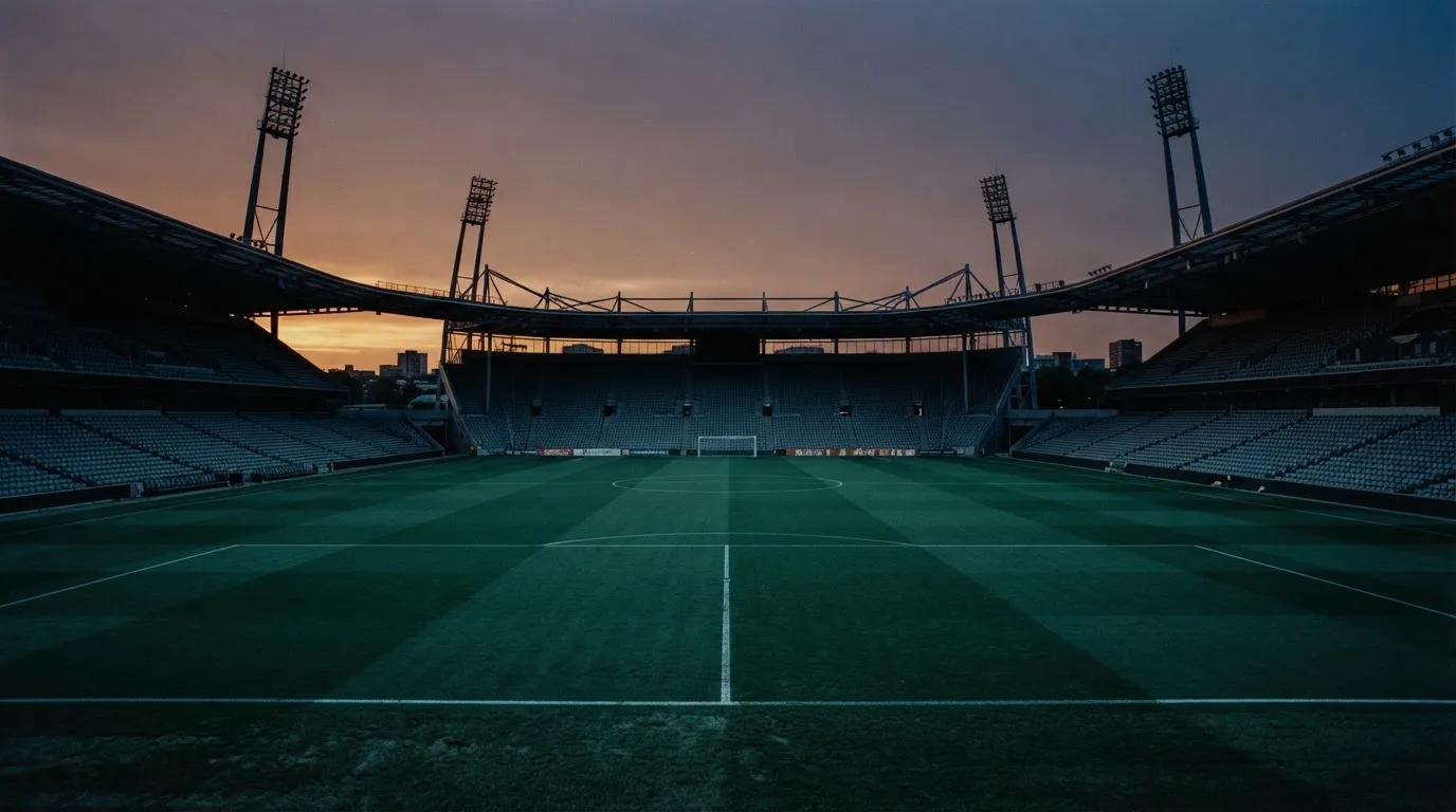 An empty football stadium with floodlight masts at dusk