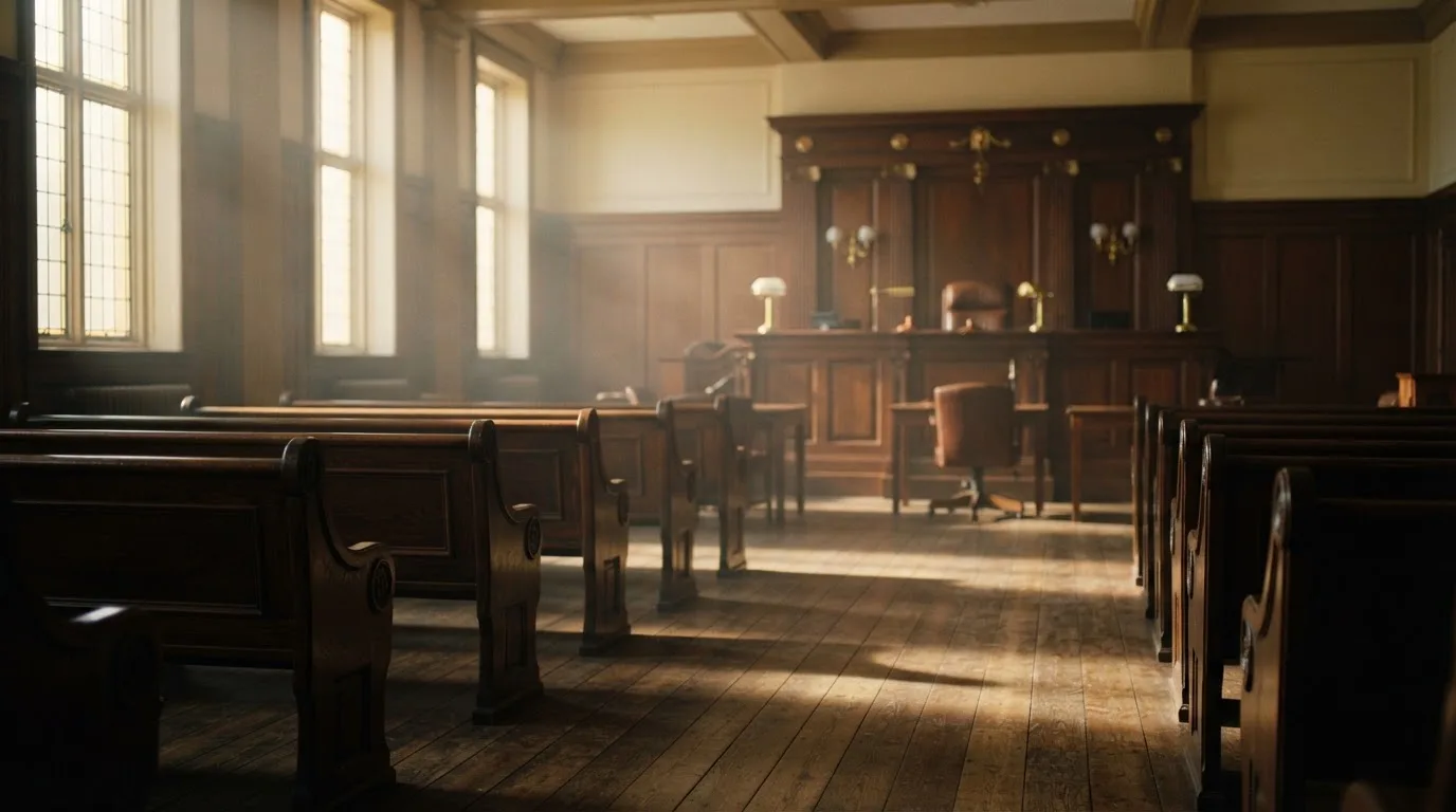 An empty courtroom with wooden benches in morning light