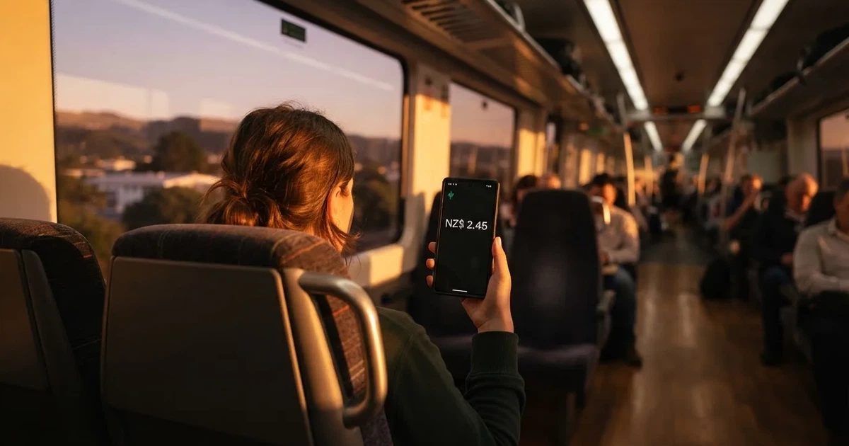 A hand holding a smartphone on a train in the evening, screen turned away
