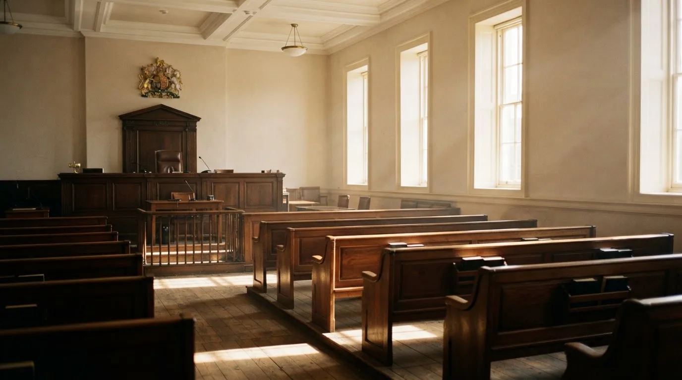 An empty courtroom with wooden benches in morning light