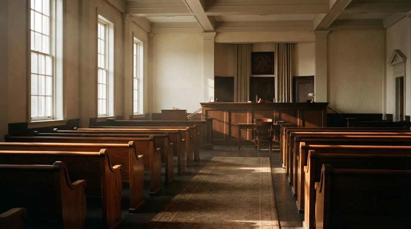 An empty courtroom with wooden benches in morning light