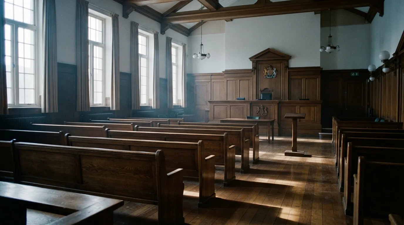 An empty courtroom with wooden benches in morning light