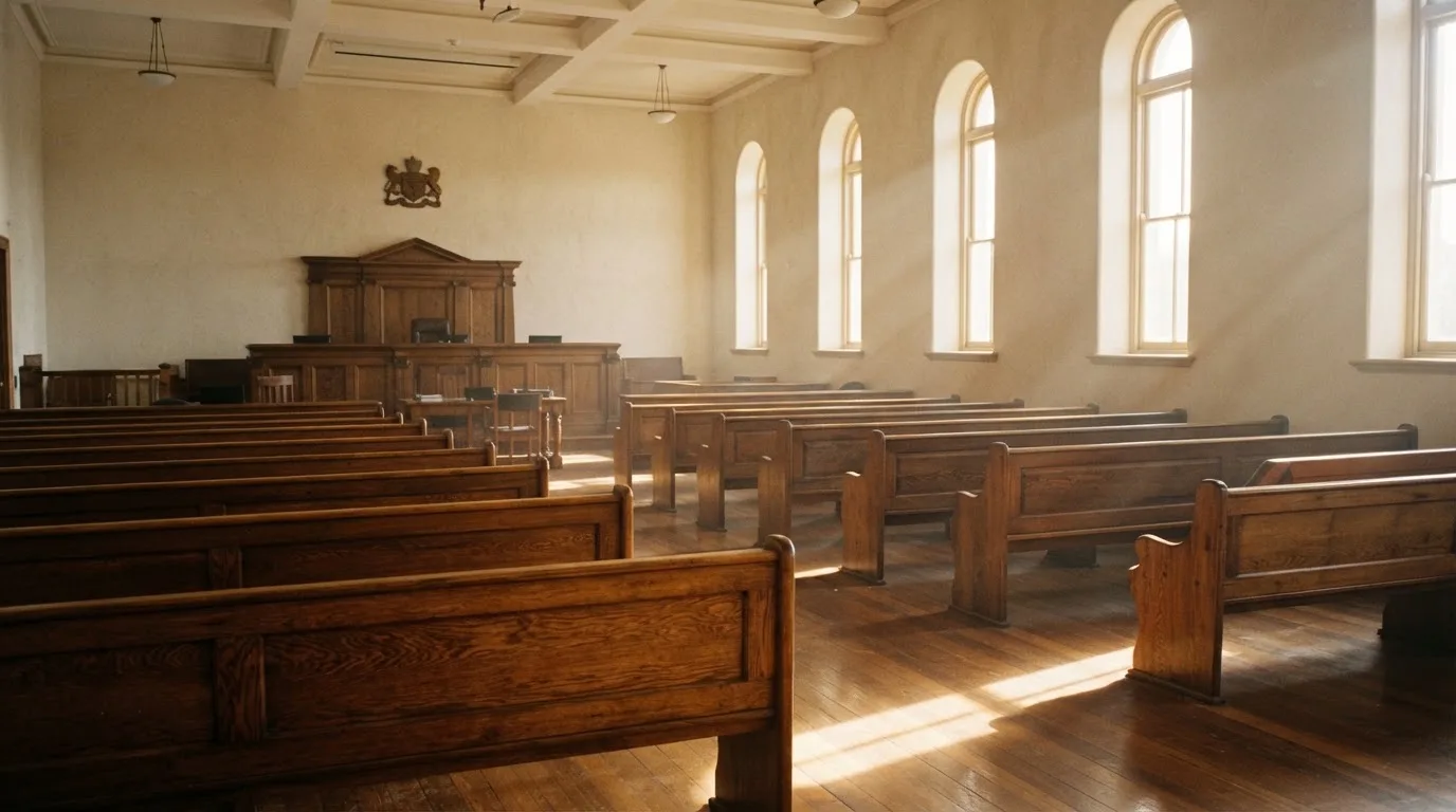 An empty courtroom with wooden benches in morning light