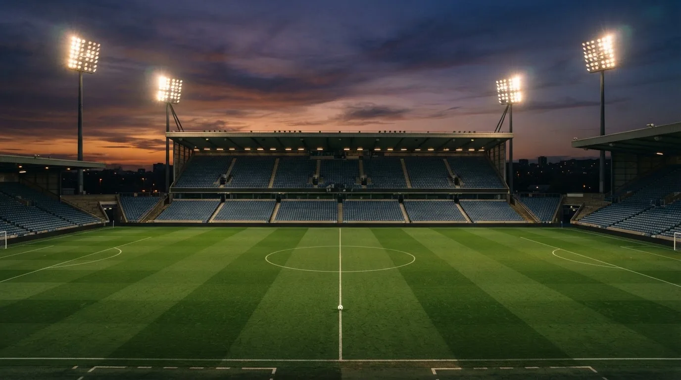 An empty football stadium with floodlight masts at dusk