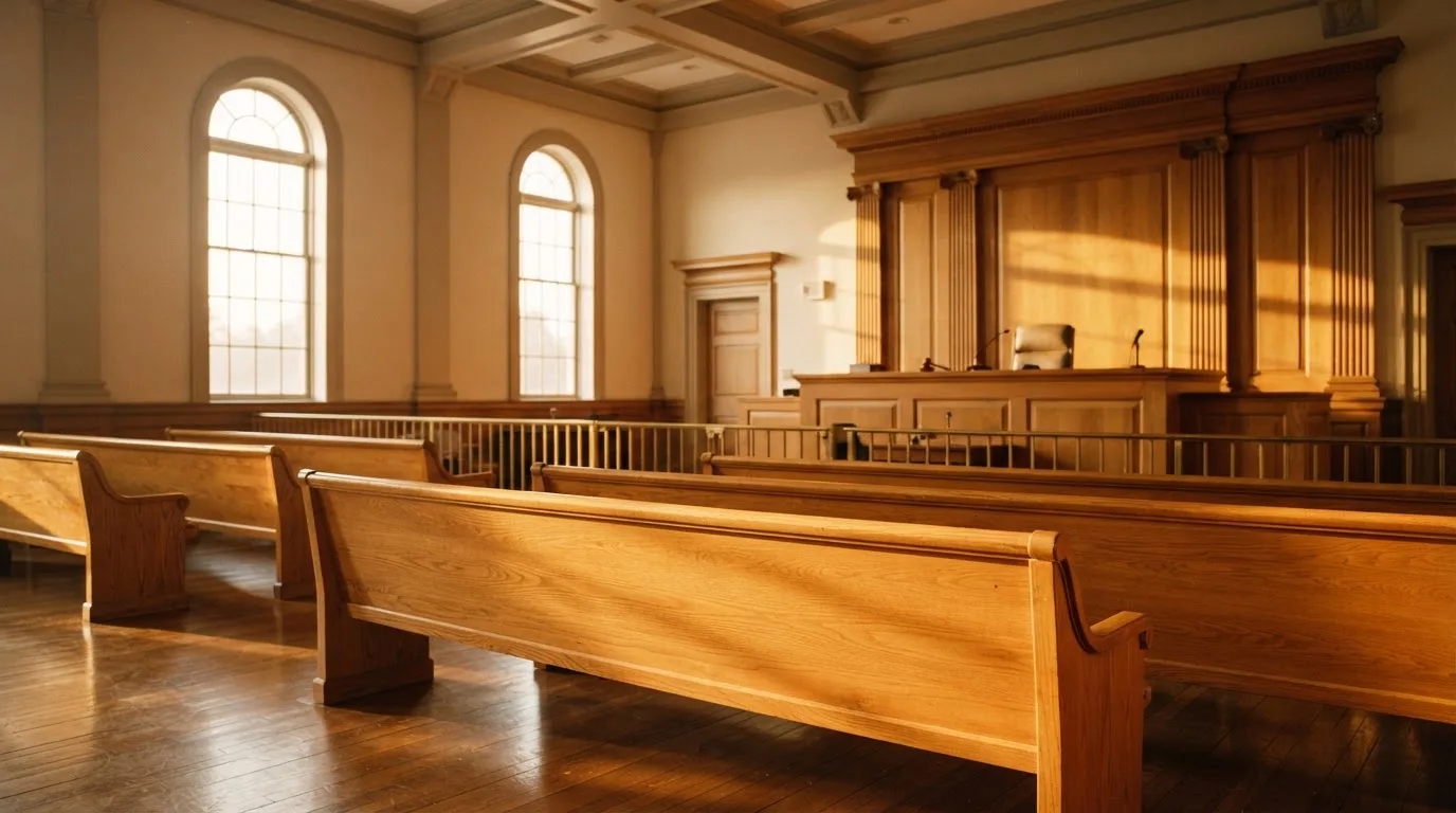 An empty courtroom with wooden benches in morning light