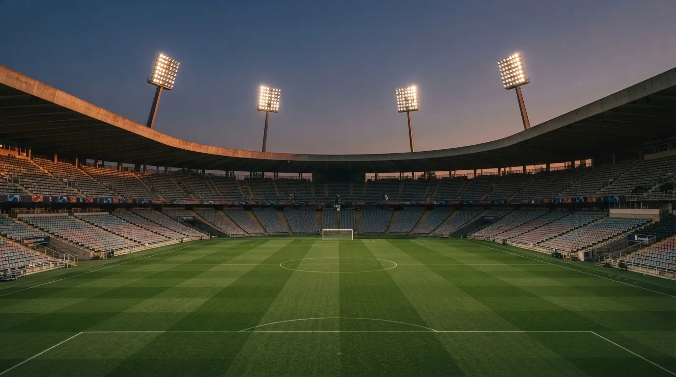 An empty football stadium with floodlight masts at dusk