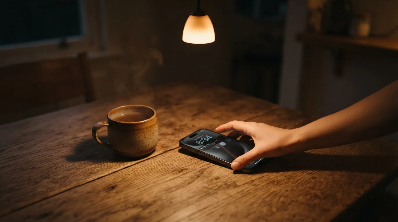 A hand setting a smartphone down beside a cup of tea on a kitchen table on a quiet evening