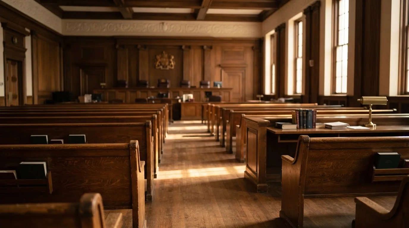 An empty courtroom with wooden benches in morning light