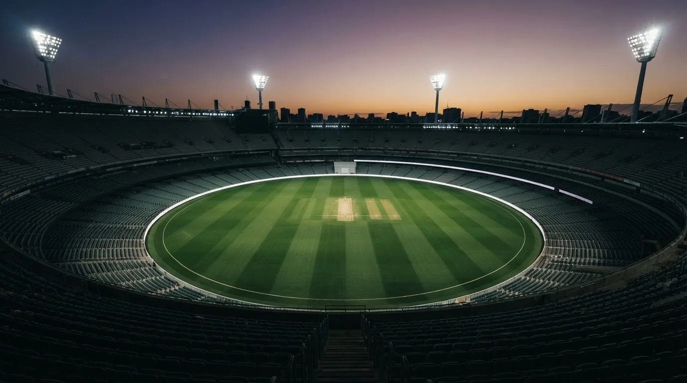 An empty football stadium with floodlight masts at dusk