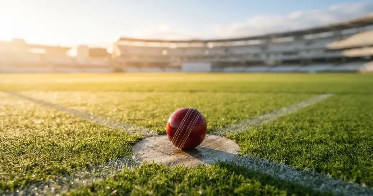 A ball on the centre spot of a grass pitch in morning light