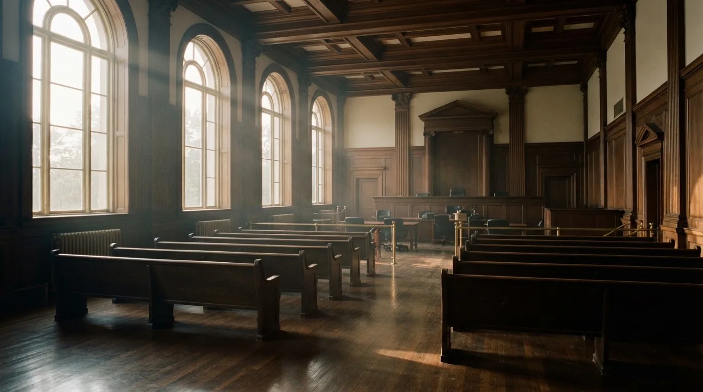 An empty courtroom with wooden benches in morning light
