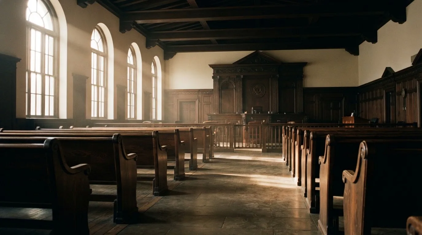 An empty courtroom with wooden benches in morning light