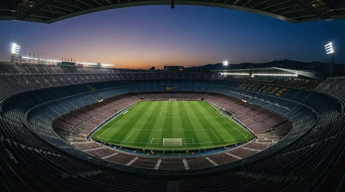 An empty football stadium with floodlight masts at dusk