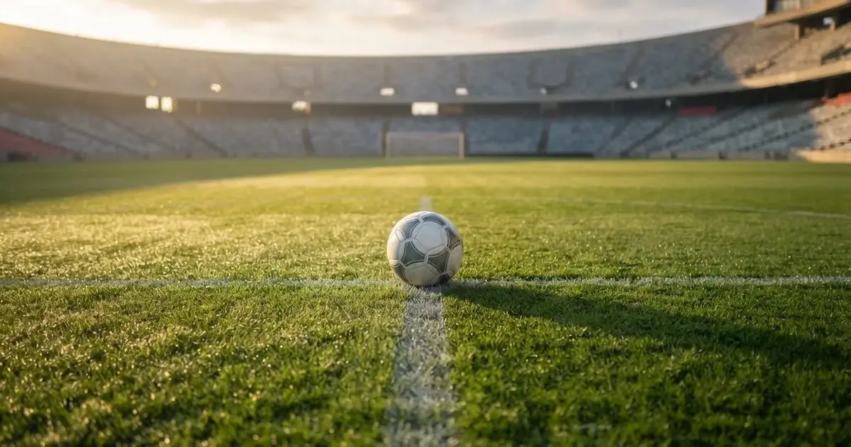 A ball on the centre spot of a grass pitch in morning light
