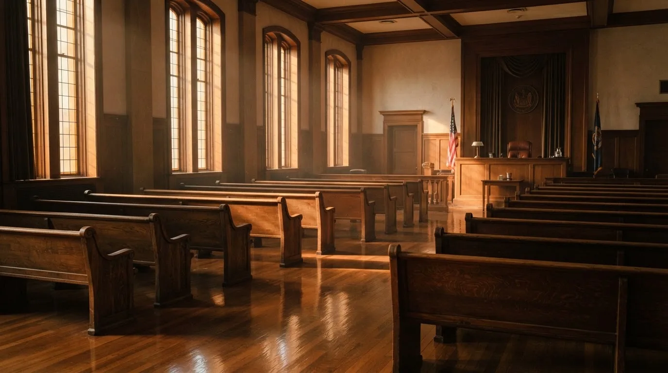 An empty courtroom with wooden benches in morning light