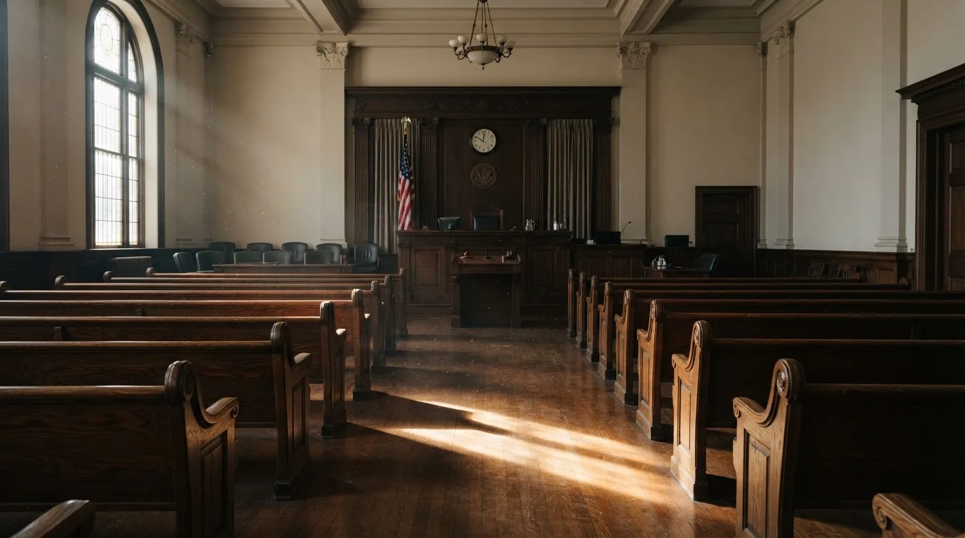 An empty courtroom with wooden benches in morning light
