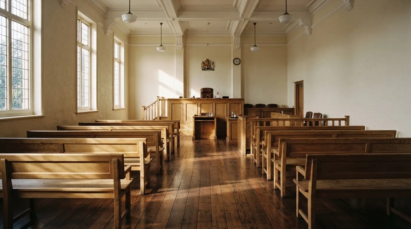 An empty courtroom with wooden benches in morning light