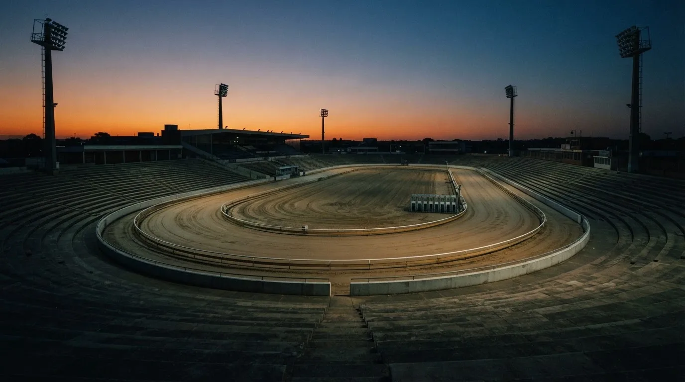 An empty football stadium with floodlight masts at dusk