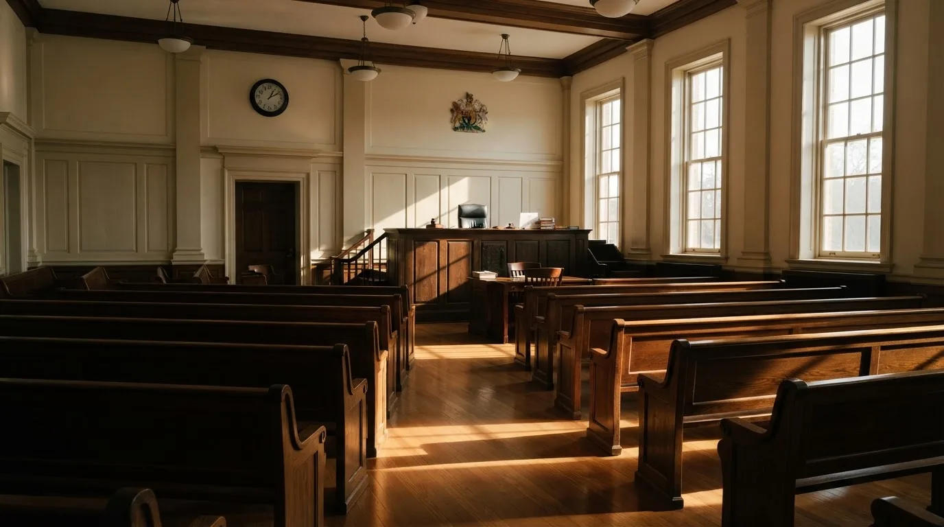 An empty courtroom with wooden benches in morning light