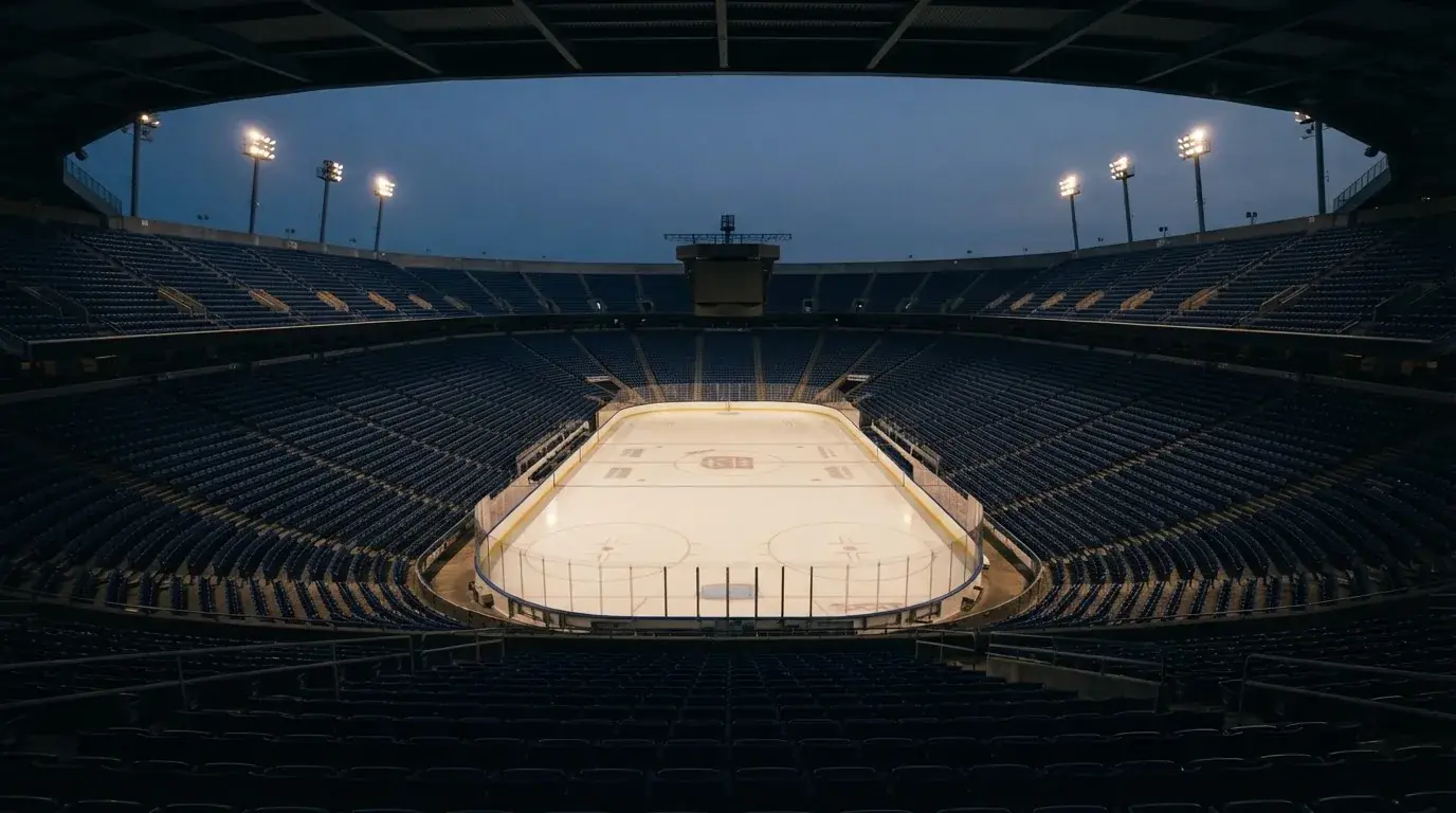 An empty football stadium with floodlight masts at dusk