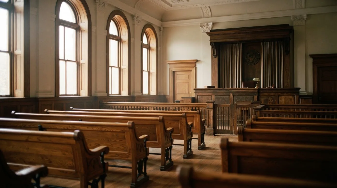 An empty courtroom with wooden benches in morning light