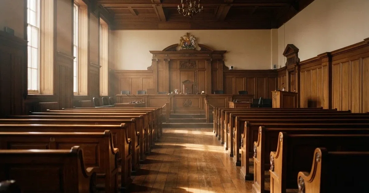 An empty courtroom with wooden benches in morning light