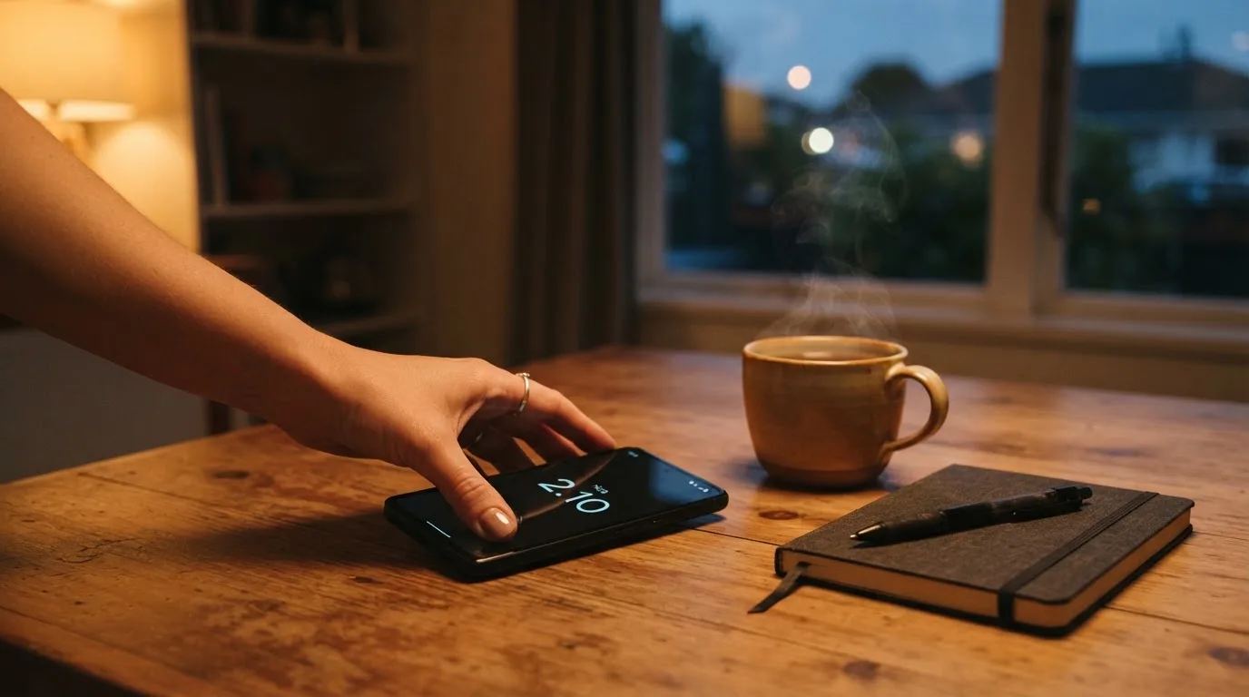 A hand setting a smartphone down beside a cup of tea on a kitchen table on a quiet evening