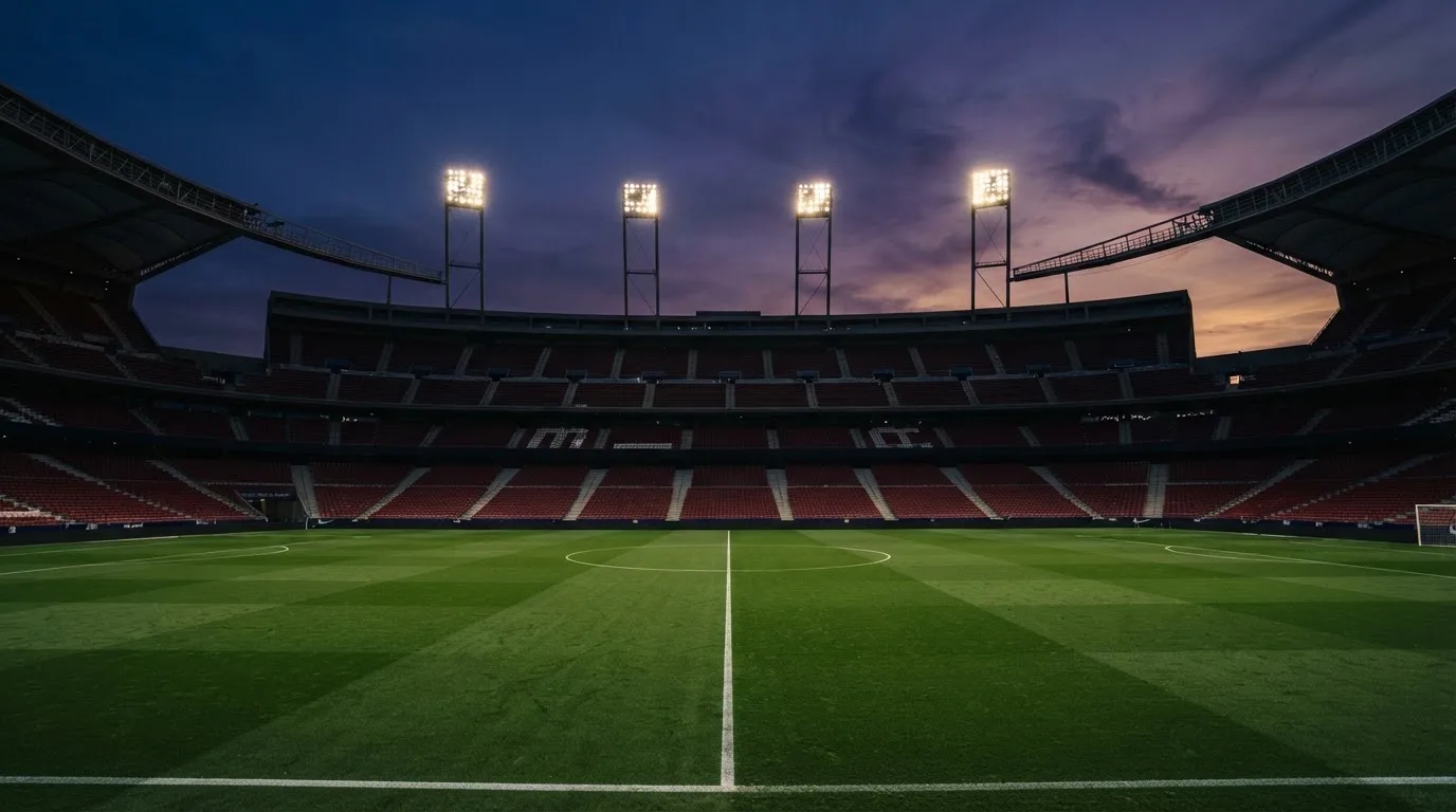 An empty football stadium with floodlight masts at dusk