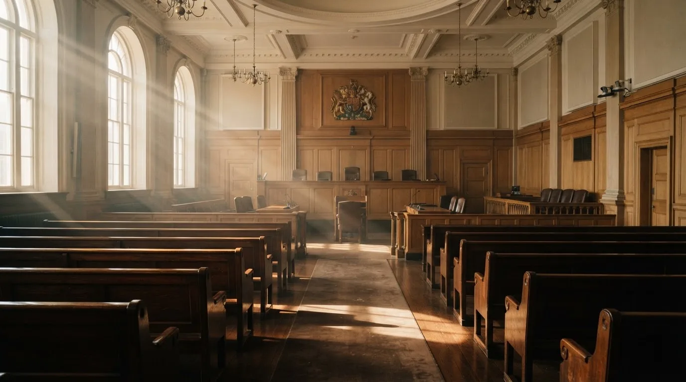 An empty courtroom with wooden benches in morning light