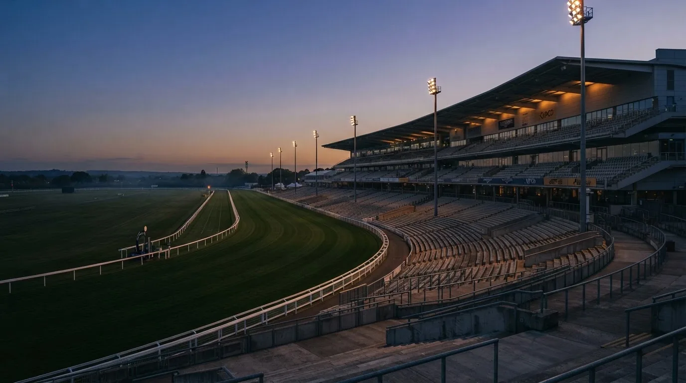 An empty football stadium with floodlight masts at dusk