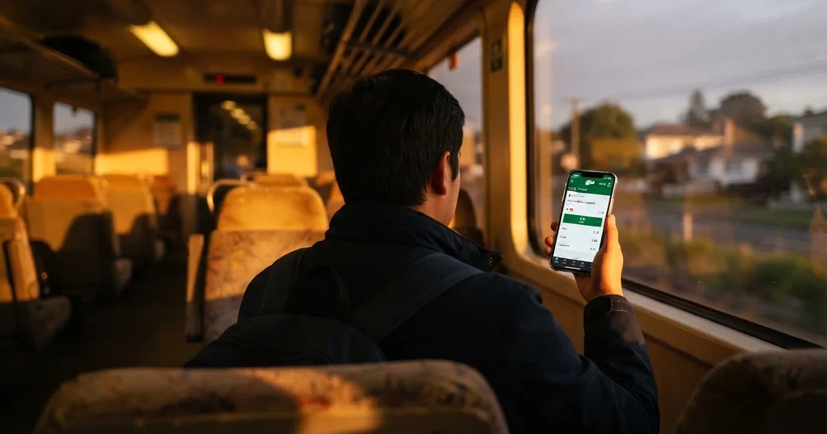 A hand holding a smartphone on a train in the evening, screen turned away