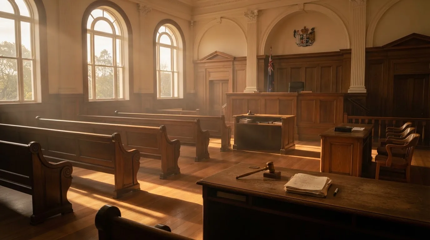 An empty courtroom with wooden benches in morning light
