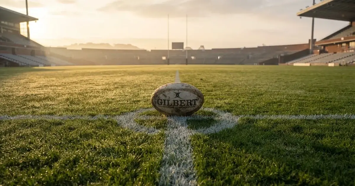 A ball on the centre spot of a grass pitch in morning light